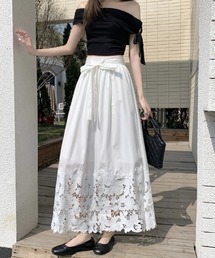 AMAJI | レース切替 カットワーク刺繍 リボン付き ミモレ丈 スカート(スカート)