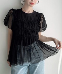 チュールパフスリーブTシャツ+シャーリングキャミset