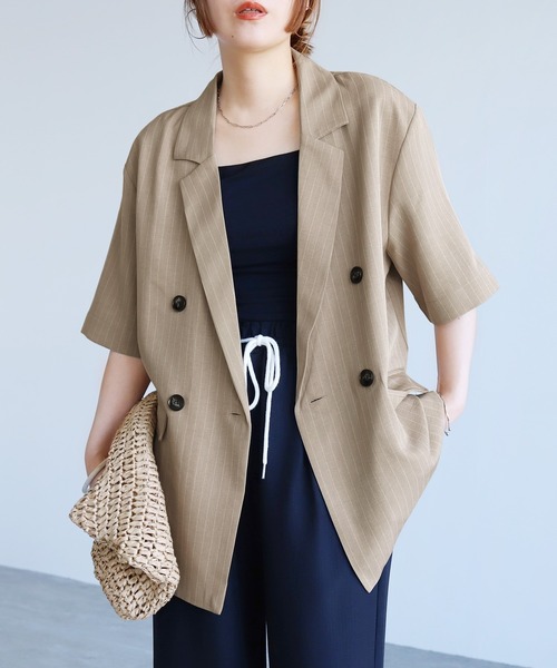 reca(レカ)の「【ZOZOTOWN限定】ピンストライプ半袖ジャケット(テーラードジャケット・レディース・ベージュ/チャコールグレー・FREE)」の3枚目の写真