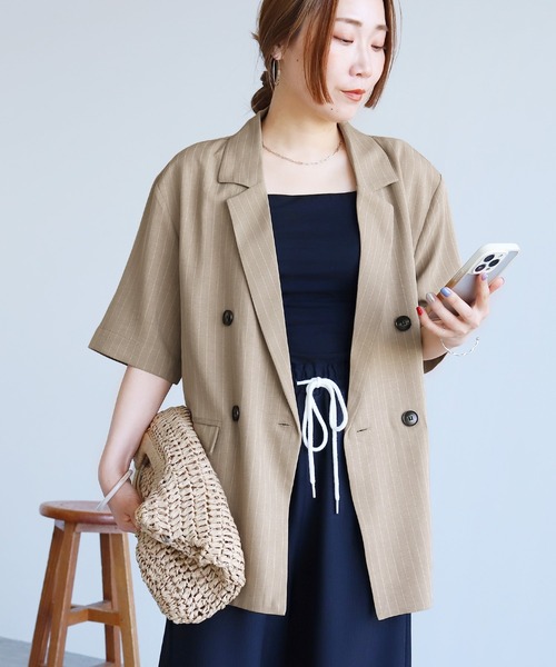reca(レカ)の「【ZOZOTOWN限定】ピンストライプ半袖ジャケット(テーラードジャケット・レディース・ベージュ/チャコールグレー・FREE)」の5枚目の写真