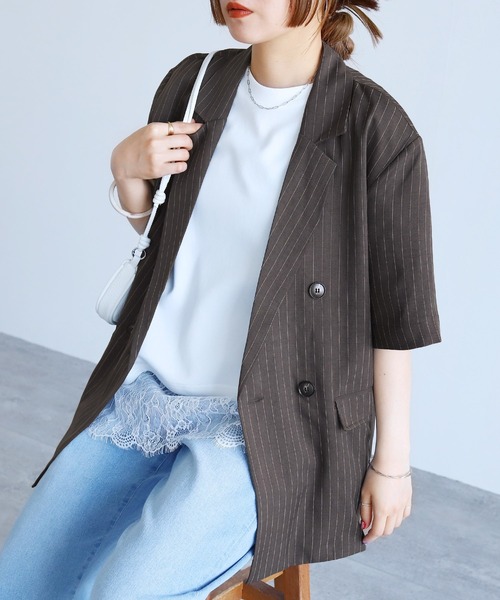 reca(レカ)の「【ZOZOTOWN限定】ピンストライプ半袖ジャケット(テーラードジャケット・レディース・ベージュ/チャコールグレー・FREE)」の9枚目の写真