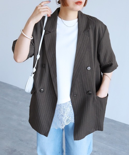 reca(レカ)の「【ZOZOTOWN限定】ピンストライプ半袖ジャケット(テーラードジャケット・レディース・ベージュ/チャコールグレー・FREE)」の11枚目の写真