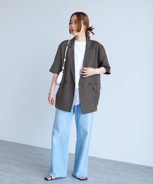 reca(レカ)の「【ZOZOTOWN限定】ピンストライプ半袖ジャケット(テーラードジャケット・レディース・ベージュ/チャコールグレー・FREE)」の13枚目の写真