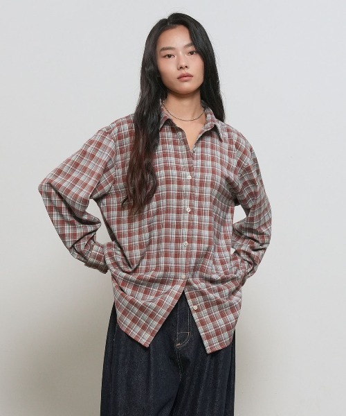 GENERAL IDEA（ジェネラルアイデア）の「【GENERAL IDEA】ルーズフィットチュラルチェックシャツ / LOOSE FIT NATURAL CHECK SHIRT（シャツ/ブラウス・レディース・パープル/レッド系・S/L/M）」の2枚目の写真