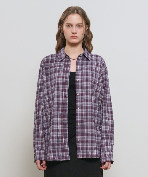GENERAL IDEA（ジェネラルアイデア）の「【GENERAL IDEA】ルーズフィットチュラルチェックシャツ / LOOSE FIT NATURAL CHECK SHIRT（シャツ/ブラウス・レディース・パープル/レッド系・S/L/M）」の4枚目の写真
