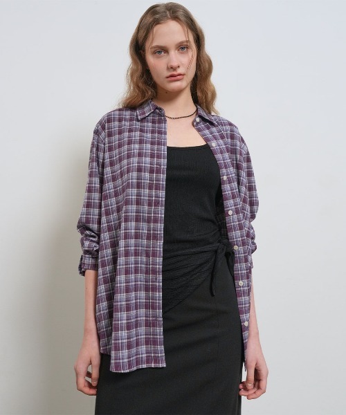 GENERAL IDEA（ジェネラルアイデア）の「【GENERAL IDEA】ルーズフィットチュラルチェックシャツ / LOOSE FIT NATURAL CHECK SHIRT（シャツ/ブラウス・レディース・パープル/レッド系・S/L/M）」の3枚目の写真