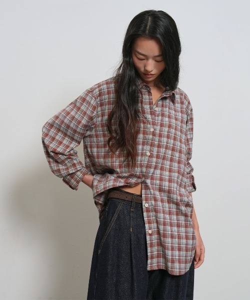 GENERAL IDEA（ジェネラルアイデア）の「【GENERAL IDEA】ルーズフィットチュラルチェックシャツ / LOOSE FIT NATURAL CHECK SHIRT（シャツ/ブラウス・レディース・パープル/レッド系・S/L/M）」の11枚目の写真
