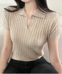 プレート付ポロ衿スキッパー半袖トップス