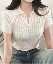 プレート付ポロ衿スキッパー半袖トップス