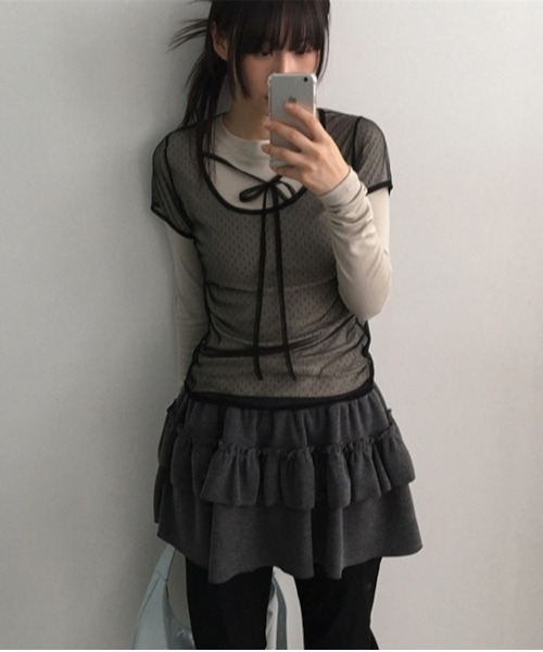 tunee(チュニー)の「ドットシアーレイヤードカットソー 半袖 Y2K コードリボン(MA/EK162)(Tシャツ/カットソー・レディース・ブラック/ホワイト・FREE)」の9枚目の写真