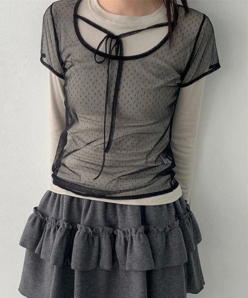 tunee(チュニー)の「ドットシアーレイヤードカットソー 半袖 Y2K コードリボン(MA/EK162)(Tシャツ/カットソー・レディース・ブラック/ホワイト・FREE)」の4枚目の写真