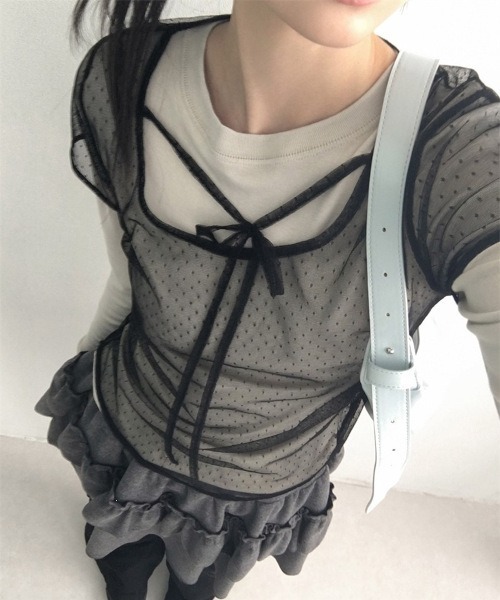tunee(チュニー)の「ドットシアーレイヤードカットソー 半袖 Y2K コードリボン(MA/EK162)(Tシャツ/カットソー・レディース・ブラック/ホワイト・FREE)」の7枚目の写真