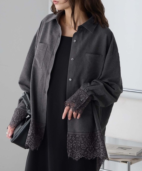BONLECILL(ボンルシール)の「【吸水速乾】ピーチ起毛レースヘムシャツチュニック(シャツ/ブラウス・レディース・アイボリー/ブラウン/チャコールグレー/ベージュ/ブルー・FREE)」の16枚目の写真