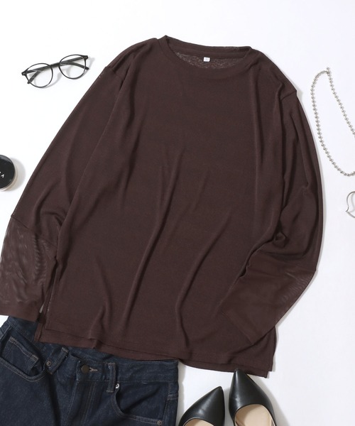 ANPAS（アンパス）の「Semi-Sheer Tulle Sleeve T-Shirt  / セミシアー袖チュール切替Tシャツ／透け感トップス 大人フェミニン シアーカットソー 長袖（Tシャツ/カットソー・レディース・ブラック/ダークブラウン/クリーム/ブルーグレー・L/M）」の3枚目の写真