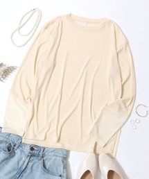 Semi-Sheer Tulle Sleeve T-Shirt / セミシアー袖チュール切替Tシャツ/透け感トップス 大人フェミニン シアーカットソー 長袖