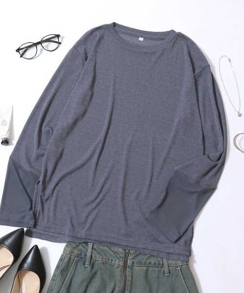 ANPAS（アンパス）の「Semi-Sheer Tulle Sleeve T-Shirt  / セミシアー袖チュール切替Tシャツ／透け感トップス 大人フェミニン シアーカットソー 長袖（Tシャツ/カットソー・レディース・ブラック/ダークブラウン/クリーム/ブルーグレー・L/M）」の2枚目の写真