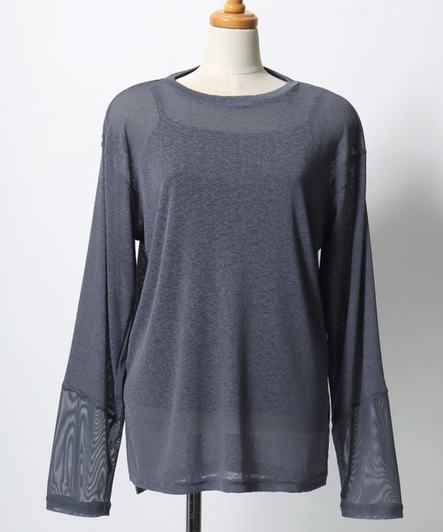 ANPAS（アンパス）の「Semi-Sheer Tulle Sleeve T-Shirt  / セミシアー袖チュール切替Tシャツ／透け感トップス 大人フェミニン シアーカットソー 長袖（Tシャツ/カットソー・レディース・ブラック/ダークブラウン/クリーム/ブルーグレー・L/M）」の10枚目の写真