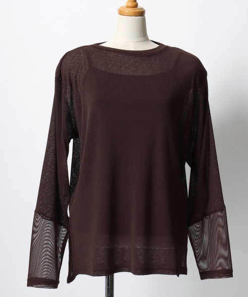 ANPAS（アンパス）の「Semi-Sheer Tulle Sleeve T-Shirt  / セミシアー袖チュール切替Tシャツ／透け感トップス 大人フェミニン シアーカットソー 長袖（Tシャツ/カットソー・レディース・ブラック/ダークブラウン/クリーム/ブルーグレー・L/M）」の17枚目の写真