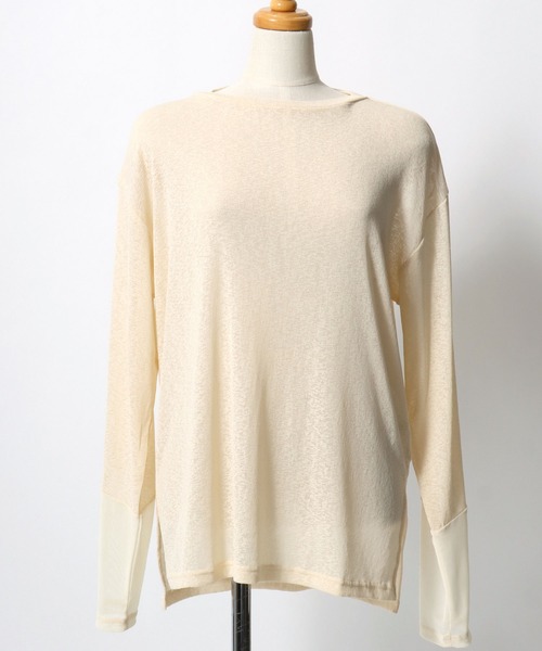 ANPAS（アンパス）の「Semi-Sheer Tulle Sleeve T-Shirt  / セミシアー袖チュール切替Tシャツ／透け感トップス 大人フェミニン シアーカットソー 長袖（Tシャツ/カットソー・レディース・ブラック/ダークブラウン/クリーム/ブルーグレー・L/M）」の22枚目の写真