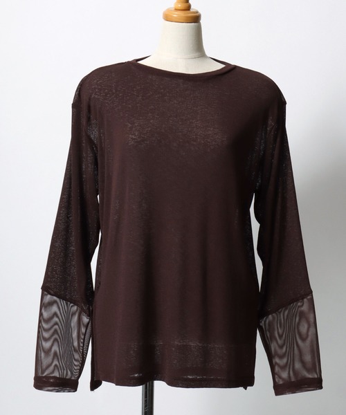 ANPAS（アンパス）の「Semi-Sheer Tulle Sleeve T-Shirt  / セミシアー袖チュール切替Tシャツ／透け感トップス 大人フェミニン シアーカットソー 長袖（Tシャツ/カットソー・レディース・ブラック/ダークブラウン/クリーム/ブルーグレー・L/M）」の18枚目の写真