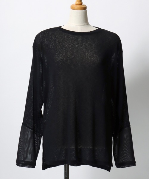 ANPAS（アンパス）の「Semi-Sheer Tulle Sleeve T-Shirt  / セミシアー袖チュール切替Tシャツ／透け感トップス 大人フェミニン シアーカットソー 長袖（Tシャツ/カットソー・レディース・ブラック/ダークブラウン/クリーム/ブルーグレー・L/M）」の6枚目の写真