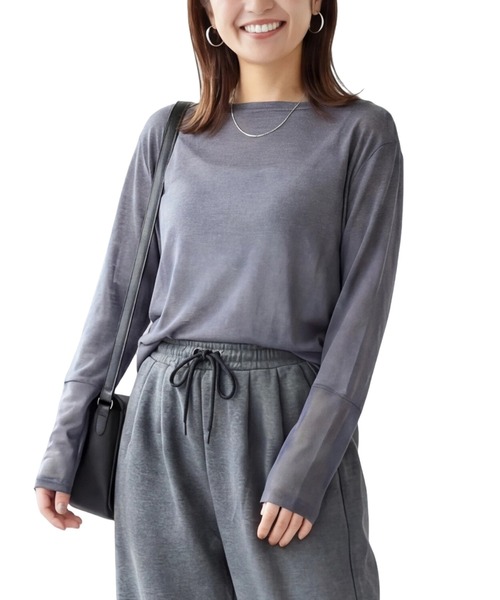 ANPAS（アンパス）の「Semi-Sheer Tulle Sleeve T-Shirt  / セミシアー袖チュール切替Tシャツ／透け感トップス 大人フェミニン シアーカットソー 長袖（Tシャツ/カットソー・レディース・ブラック/ダークブラウン/クリーム/ブルーグレー・L/M）」の15枚目の写真