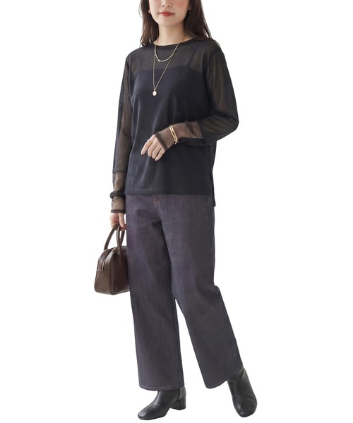 ANPAS（アンパス）の「Semi-Sheer Tulle Sleeve T-Shirt  / セミシアー袖チュール切替Tシャツ／透け感トップス 大人フェミニン シアーカットソー 長袖（Tシャツ/カットソー・レディース・ブラック/ダークブラウン/クリーム/ブルーグレー・L/M）」の9枚目の写真