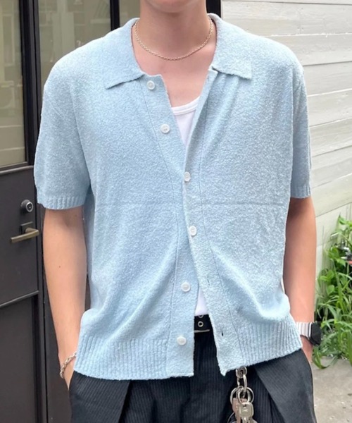 Chikashitsu +(チカシツプラス)の「【Chikashitsu +】boucle knit polo cardigan (2color) / 【チカシツプラス】ブークレ半袖サマーニットポロカーディガン(カーディガン/ボレロ・メンズ・スカイブルー/ブラック・M)」の2枚目の写真