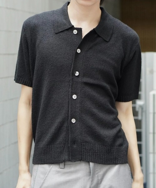 Chikashitsu +(チカシツプラス)の「【Chikashitsu +】boucle knit polo cardigan (2color) / 【チカシツプラス】ブークレ半袖サマーニットポロカーディガン(カーディガン/ボレロ・メンズ・スカイブルー/ブラック・M)」の3枚目の写真