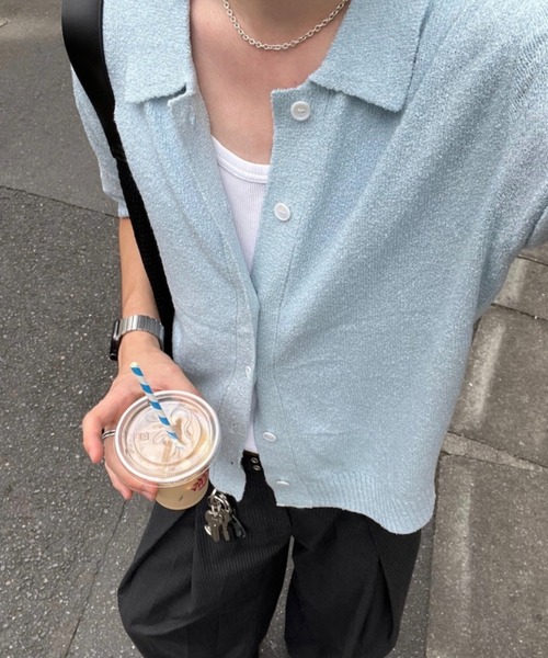 Chikashitsu +(チカシツプラス)の「【Chikashitsu +】boucle knit polo cardigan (2color) / 【チカシツプラス】ブークレ半袖サマーニットポロカーディガン(カーディガン/ボレロ・メンズ・スカイブルー/ブラック・M)」の12枚目の写真