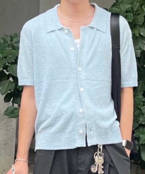 Chikashitsu +(チカシツプラス)の「【Chikashitsu +】boucle knit polo cardigan (2color) / 【チカシツプラス】ブークレ半袖サマーニットポロカーディガン(カーディガン/ボレロ・メンズ・スカイブルー/ブラック・M)」の13枚目の写真