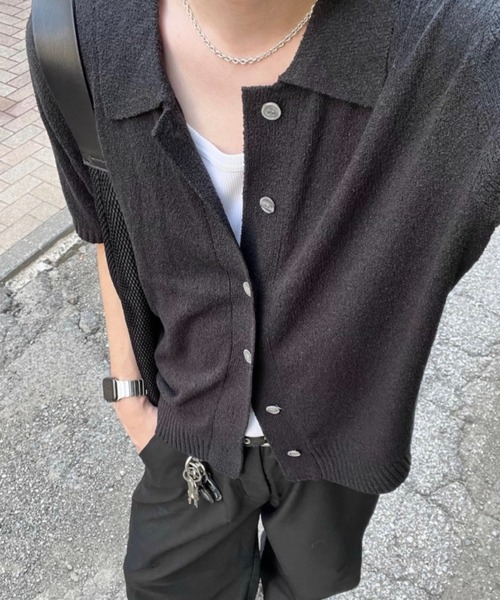 Chikashitsu + boucle knit polo cardigan (2 цвета) — букле‑поло‑кардиган, полурукав, самарнитовый