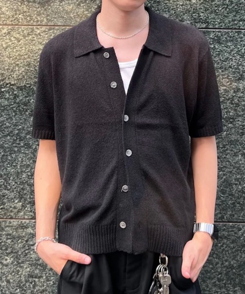 Chikashitsu +(チカシツプラス)の「【Chikashitsu +】boucle knit polo cardigan (2color) / 【チカシツプラス】ブークレ半袖サマーニットポロカーディガン(カーディガン/ボレロ・メンズ・スカイブルー/ブラック・M)」の5枚目の写真