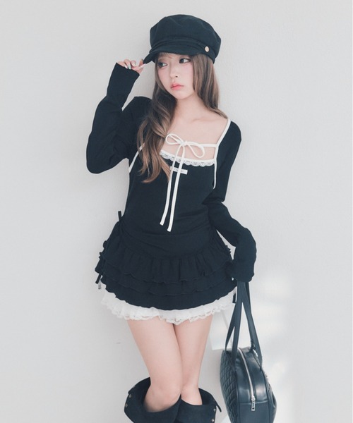 OLIVE des OLIVE(オリーブデオリーブ)の「配色パイピングフリルチュニック(チュニック・レディース・オフホワイト/ピンク/ブラック・FREE)」の12枚目の写真