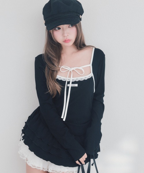 OLIVE des OLIVE(オリーブデオリーブ)の「配色パイピングフリルチュニック(チュニック・レディース・オフホワイト/ピンク/ブラック・FREE)」の14枚目の写真