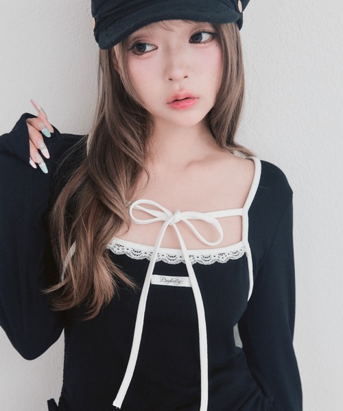 OLIVE des OLIVE(オリーブデオリーブ)の「配色パイピングフリルチュニック(チュニック・レディース・オフホワイト/ピンク/ブラック・FREE)」の17枚目の写真