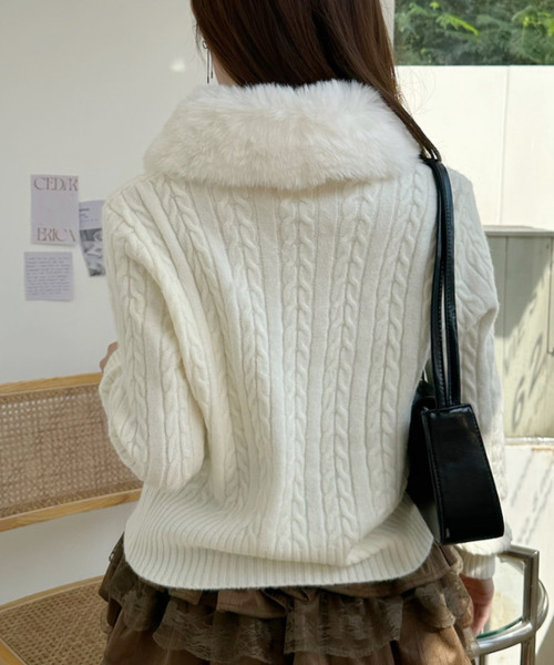 Ada.(エイダ)の「ファー付き ケーブル編み ジップアップ ニット カーディガン(カーディガン/ボレロ・レディース・ホワイト/グレー/ベージュ・FREE)」の19枚目の写真