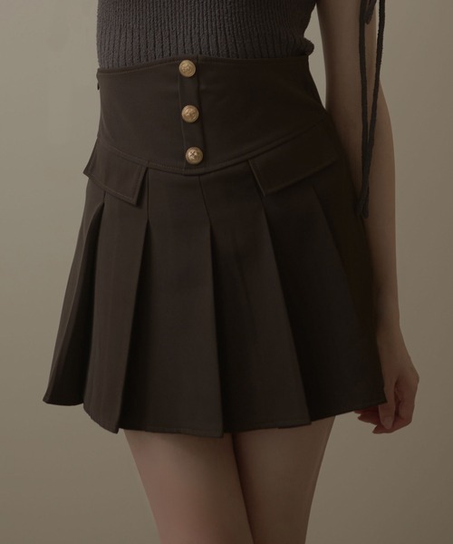 M DOLLY(エムドリー)の「Solene gold button pleats skirt / ソレーヌゴールドボタンプリーツスカート(スカート・レディース・グレー/ブラウン・M/S)」の2枚目の写真