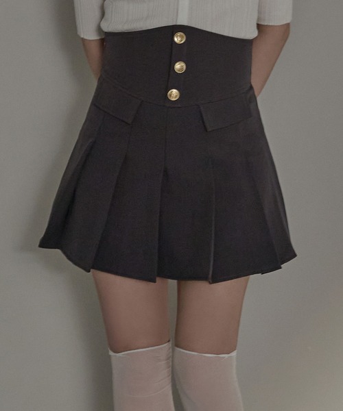 M DOLLY(エムドリー)の「Solene gold button pleats skirt / ソレーヌゴールドボタンプリーツスカート(スカート・レディース・グレー/ブラウン・M/S)」の1枚目の写真