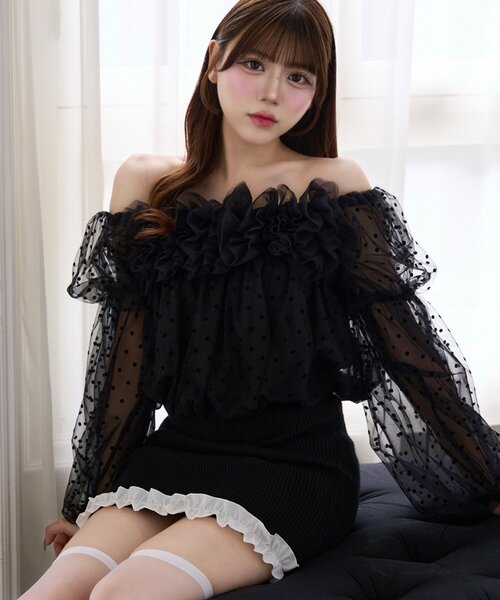 Belle Charme(ベルシャルム)の「【Belle Charme】Tulle Offshoulder Blouse(シャツ/ブラウス・レディース・ブラック/ピンク/アイボリー・FREE)」の3枚目の写真