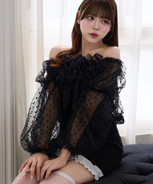 Belle Charme(ベルシャルム)の「【Belle Charme】Tulle Offshoulder Blouse(シャツ/ブラウス・レディース・ブラック/ピンク/アイボリー・FREE)」の7枚目の写真