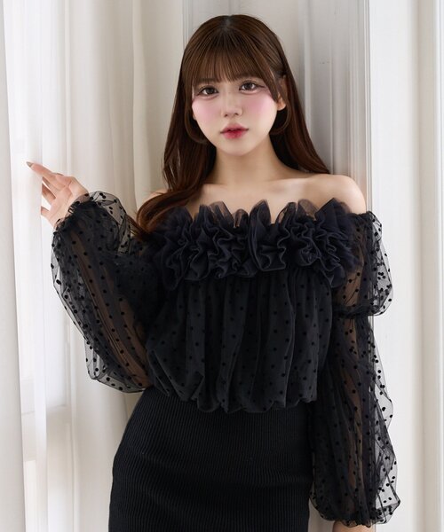 Belle Charme(ベルシャルム)の「【Belle Charme】Tulle Offshoulder Blouse(シャツ/ブラウス・レディース・ブラック/ピンク/アイボリー・FREE)」の8枚目の写真