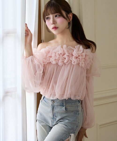 Belle Charme(ベルシャルム)の「【Belle Charme】Tulle Offshoulder Blouse(シャツ/ブラウス・レディース・ブラック/ピンク/アイボリー・FREE)」の10枚目の写真