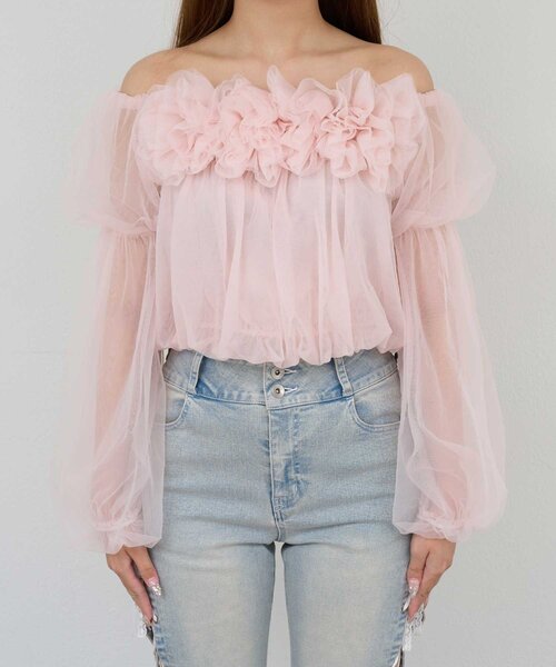 Belle Charme(ベルシャルム)の「【Belle Charme】Tulle Offshoulder Blouse(シャツ/ブラウス・レディース・ブラック/ピンク/アイボリー・FREE)」の12枚目の写真