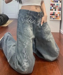 フラワー刺繍ルーズワイドデニムパンツ