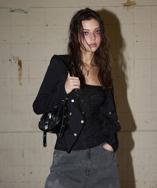 NO EXTRA TOUCH（ノー・エクストラ・タッチ）の「Double Button Layered Hoodie Jersey Cardigan (Black) / 26FWKC003BK（カーディガン/ボレロ・レディース・その他・SMALL/MEDIUM）」の2枚目の写真
