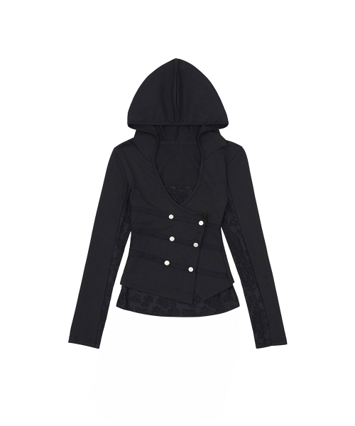 NO EXTRA TOUCH（ノー・エクストラ・タッチ）の「Double Button Layered Hoodie Jersey Cardigan (Black) / 26FWKC003BK（カーディガン/ボレロ・レディース・その他・SMALL/MEDIUM）」の3枚目の写真