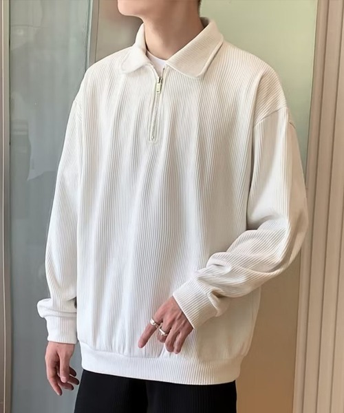 KELVIN(ケルヴァン)の「Collared Rib Loose Pullover カラーリブルーズプルオーバー(その他トップス・メンズ・ホワイト/ブラック・MEDIUM/LARGE)」の2枚目の写真
