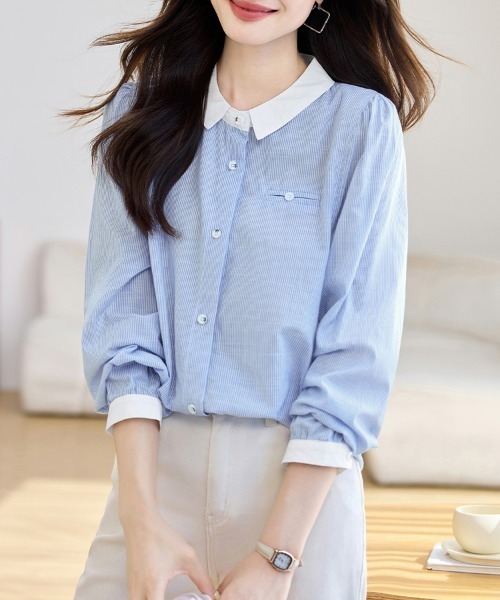 ReRe(リリ)の「丸襟配色ストライプ長袖シャツ(シャツ/ブラウス・レディース・ストライプ・MEDIUM/X-LARGE/LARGE)」の3枚目の写真
