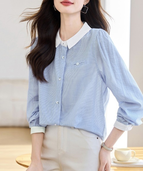 ReRe(リリ)の「丸襟配色ストライプ長袖シャツ(シャツ/ブラウス・レディース・ストライプ・MEDIUM/X-LARGE/LARGE)」の6枚目の写真